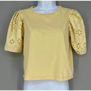 Zara Top Womens Small Yellow Crochet Puff Sleeve Cottage Eyelet Euro Cotton Boho